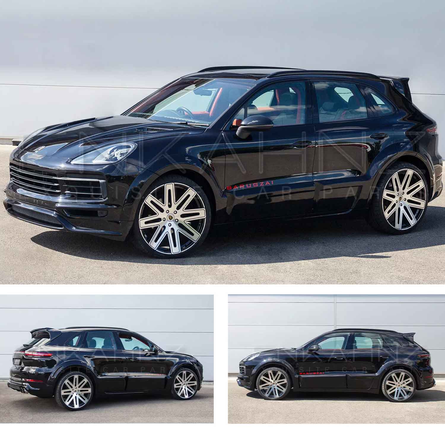 Dark Blue Porsche Cayenne 2019, fitted with Barugzai Eleganza II bodykit, shown from different angles parked on a road with a grey background. Fitted with Barugzai EXEL 24" alloy wheels in Gloss Black Polished Face 