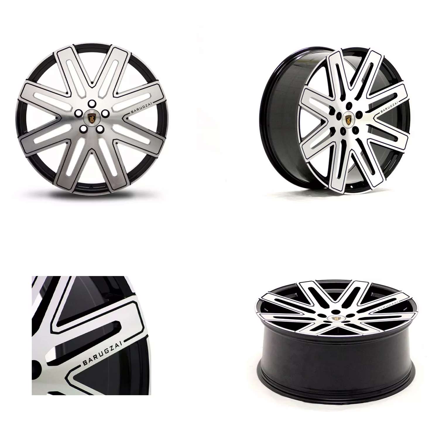 Four shot of Barugzai EXEL 24" finished in Gloss Black Polished Face, on a white background 