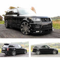 Load image into Gallery viewer, Black Range Rover L405 2013-2017, fitted with Barugzai Vogue Luxe non-wide bodykit, shown from different angles parked on a rural background. Fitted with Barugzai EXEL 24" alloy wheels in Gloss Black Polished Face 
