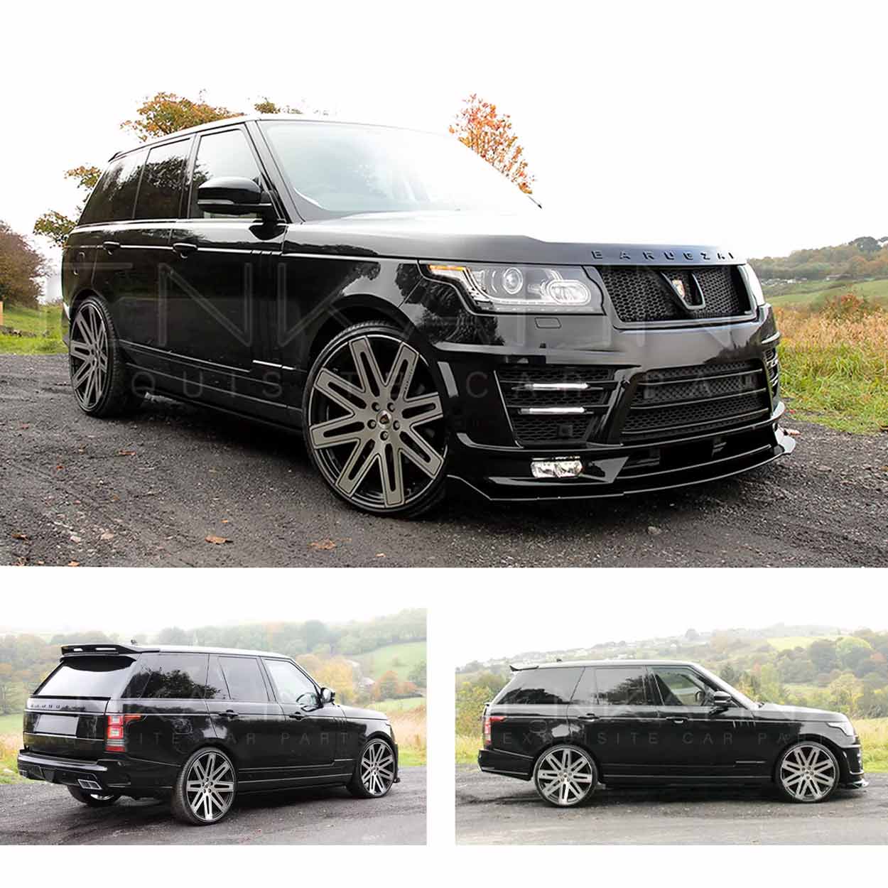 Black Range Rover L405 2013-2017, fitted with Barugzai Vogue Luxe non-wide bodykit, shown from different angles parked on a rural background. Fitted with Barugzai EXEL 24" alloy wheels in Gloss Black Polished Face 