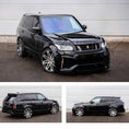 Load image into Gallery viewer, Black Range Rover L405 2013-2017, fitted with Barugzai Bison bodykit, shown from different angles parked on a road with a grey background. Fitted with Barugzai EXEL 24" alloy wheels in Gloss Black Polished Face 
