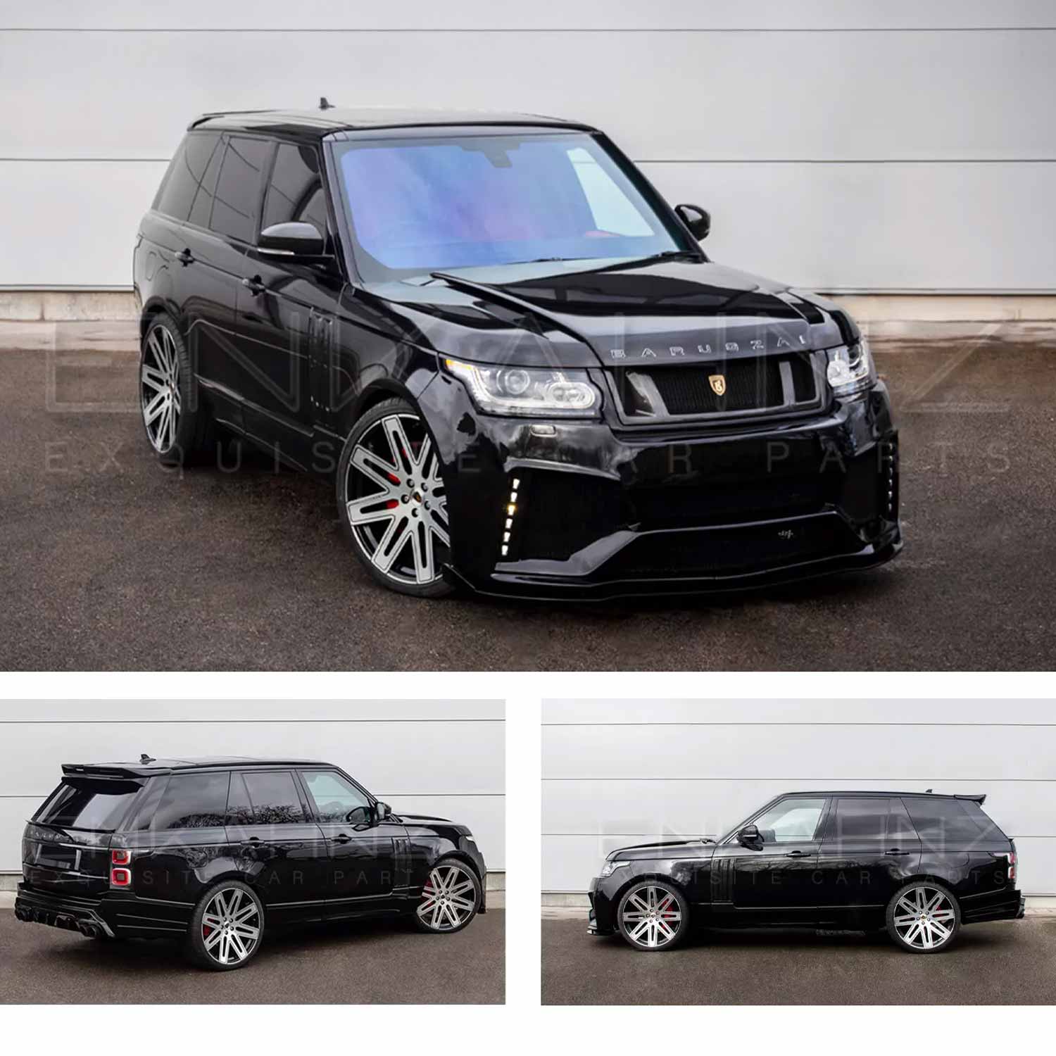 Black Range Rover L405 2013-2017, fitted with Barugzai Bison bodykit, shown from different angles parked on a road with a grey background. Fitted with Barugzai EXEL 24" alloy wheels in Gloss Black Polished Face 