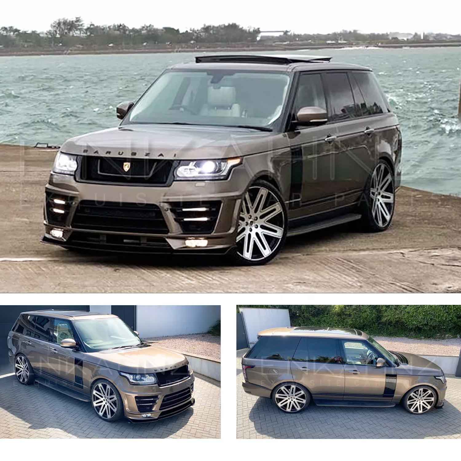 Champagne Range Rover L405 2013-2017, fitted with Barugzai Vogue Luxe bodykit, shown from different angles parked on a road next to the sea. Fitted with Barugzai EXEL 24" alloy wheels in Gloss Black Polished Face 