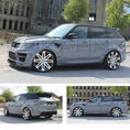 Load image into Gallery viewer, Nardo Grey Range Rover Sport L494 2013-2017, shown from different angles shot outside an old mill. Fitted with Barugzai EXEL 24" alloy wheels in Gloss Black Polished Face 
