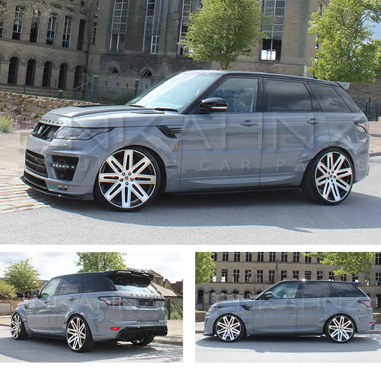 Nardo Grey Range Rover Sport L494 2013-2017, shown from different angles shot outside an old mill. Fitted with Barugzai EXEL 24" alloy wheels in Gloss Black Polished Face 