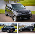 Load image into Gallery viewer, Black Range Rover Sport L494 2018-2022, shown from different angles with a greenery background and a river. Fitted with Barugzai EXEL 24" alloy wheels in Gloss Black Polished Face
