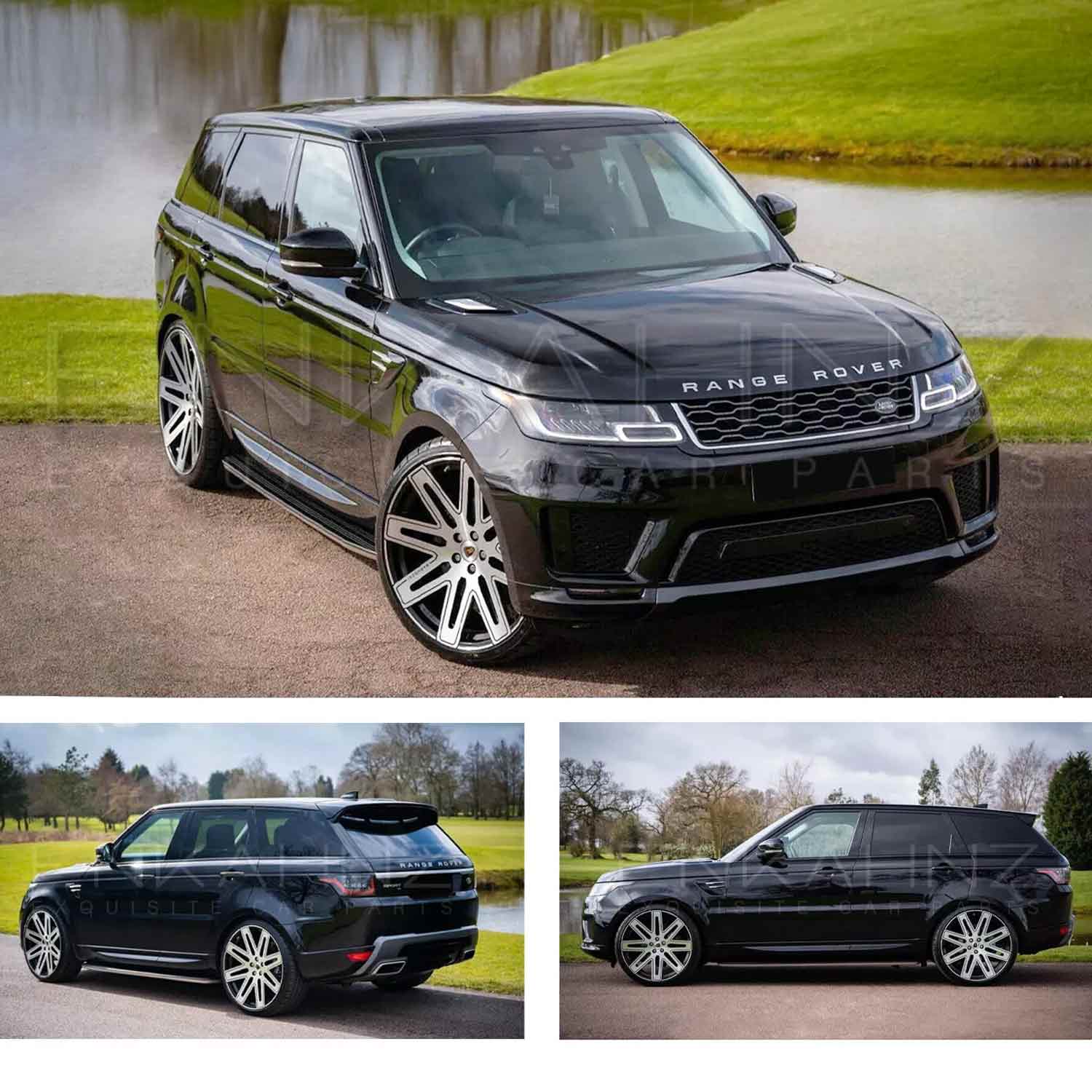 Black Range Rover Sport L494 2018-2022, shown from different angles with a greenery background and a river. Fitted with Barugzai EXEL 24" alloy wheels in Gloss Black Polished Face