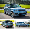 Load image into Gallery viewer, Light Blue Range Rover Sport 2018-2022, shown from different angles parked on a road with greenery and a river. Fitted with Barugzai EXEL 24" alloy wheels in Gloss Black Polished Face 
