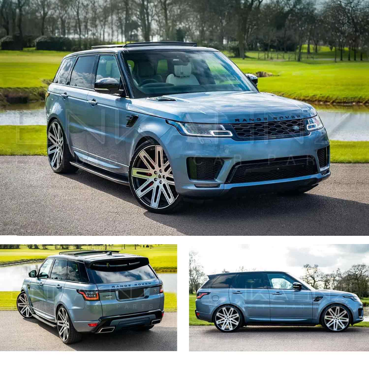 Light Blue Range Rover Sport 2018-2022, shown from different angles parked on a road with greenery and a river. Fitted with Barugzai EXEL 24" alloy wheels in Gloss Black Polished Face 