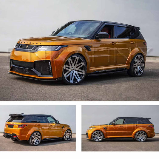 Orange Range Rover Sport L494 2018-2022, fitted with Barugzai Cabaro II bodykit, shown from different angles parked on a road with a grey background. Fitted with Barugzai EXEL 24" alloy wheels in Gloss Black Polished Face 
