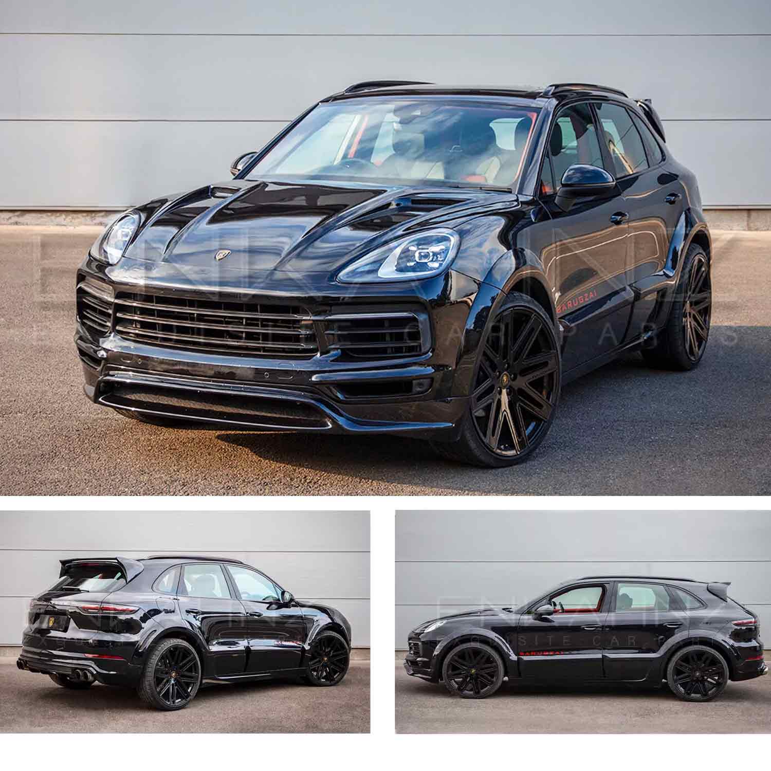 Dark Blue Porsche Cayenne 2019, fitted with Barugzai Eleganza II bodykit, shown from different angles parked on a road with a grey background. Fitted with Barugzai EXEL 24" alloy wheels in Gloss Black