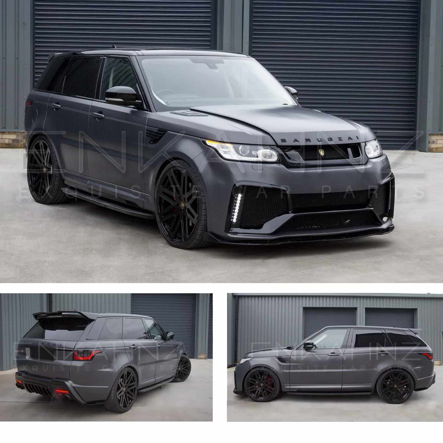Grey Range Rover Sport L494 2013-2017, fitted with Barugzai Cabaro II non-wide bodykit, shown from different angles shout outside a warehouse. Fitted with Barugzai EXEL 24" alloy wheels in Gloss Black