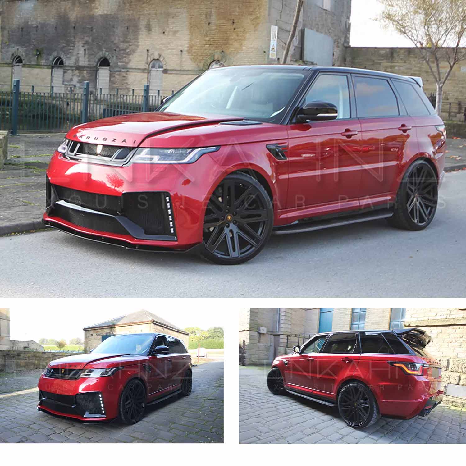 Red Range Rover Sport L494 2018-2022, fitted with Barugzai Cabaro II non-wide bodykit, shown from different angles shout outside an old mill. Fitted with Barugzai EXEL 24" alloy wheels in Gloss Black