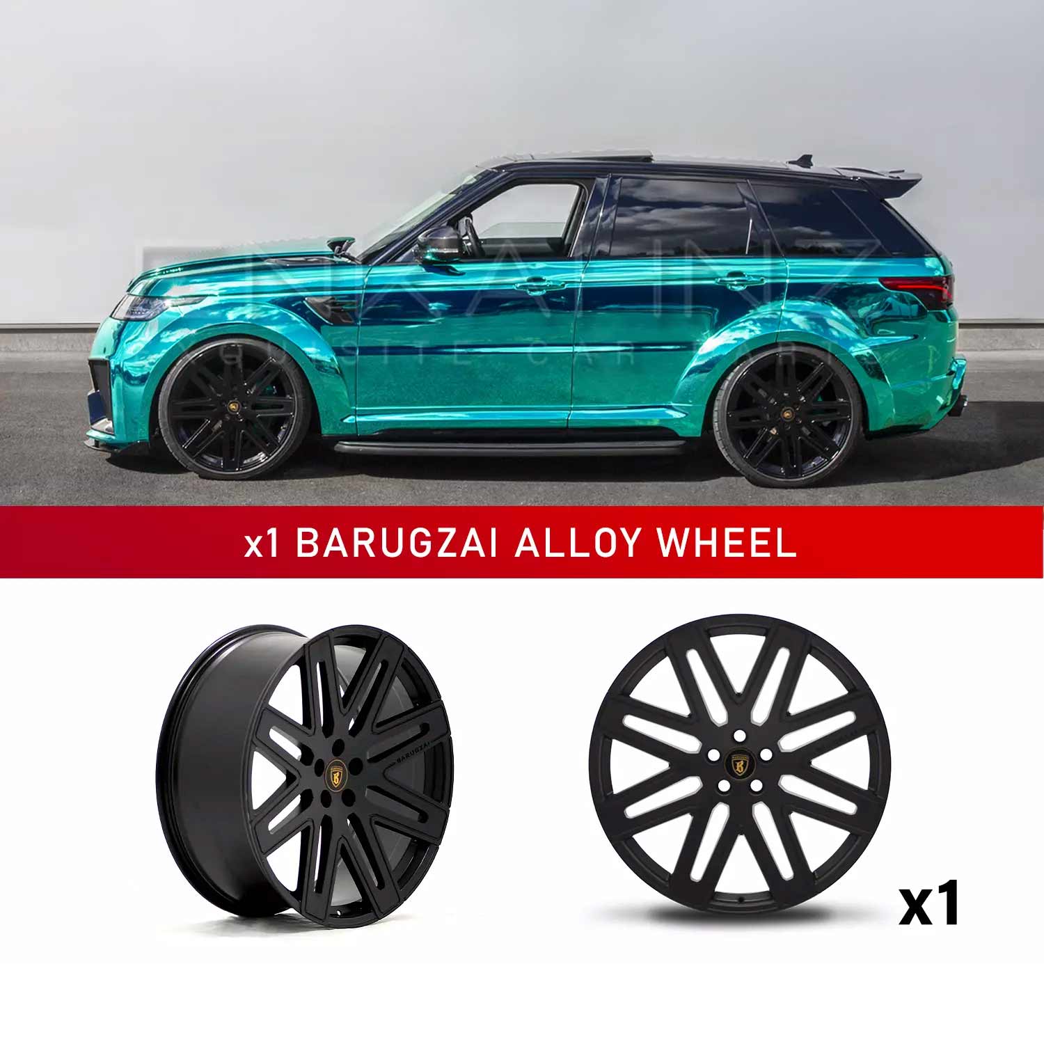 In context shot of a Turquoise Range Rover Sport L494 with Barugzai EXEL 24" Single alloy wheel in Gloss Black, displayed on a white background