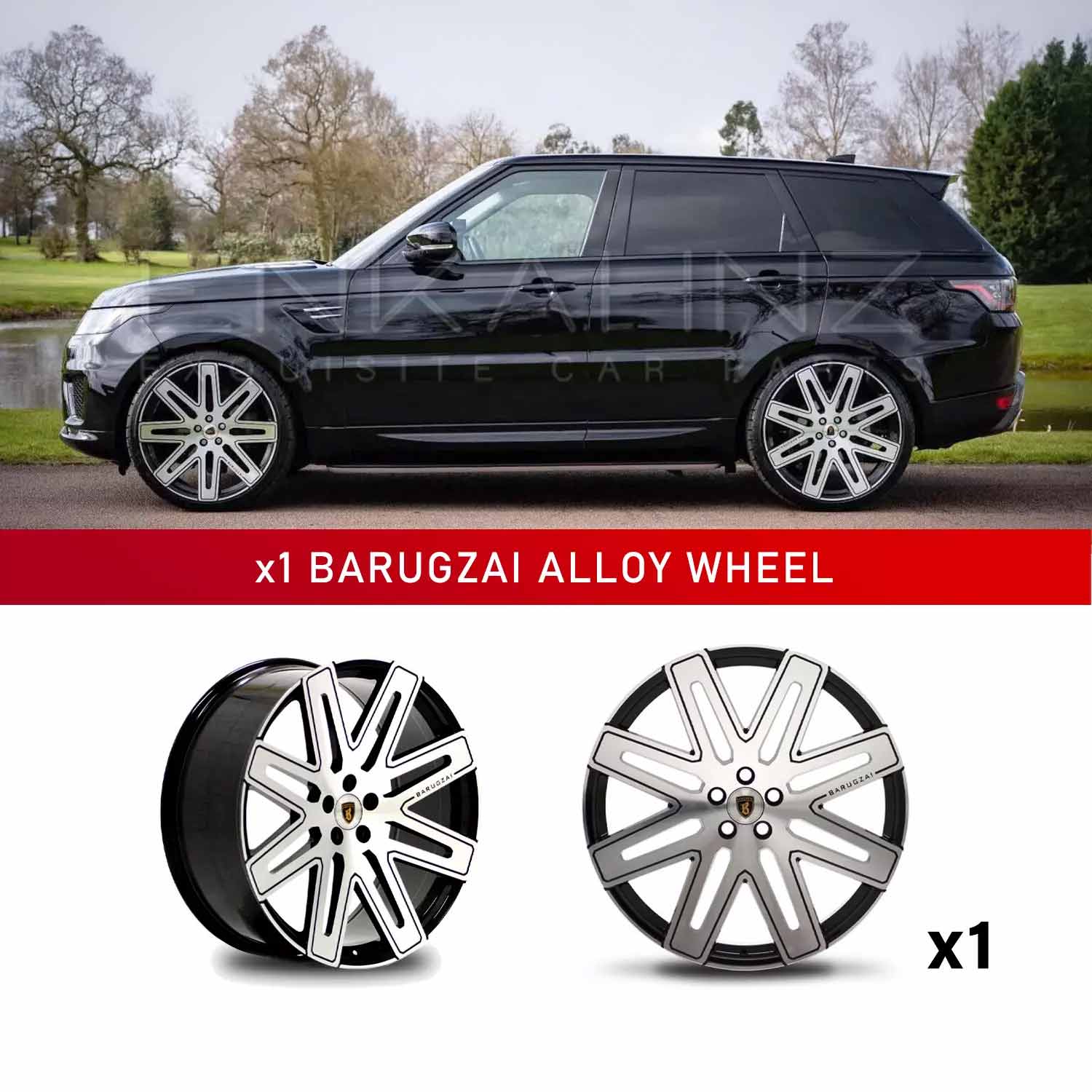 In context shot of a Black Range Rover Sport L494 with Barugzai EXEL 24" Single alloy wheel in Gloss Black Polished Face, displayed on a white background
