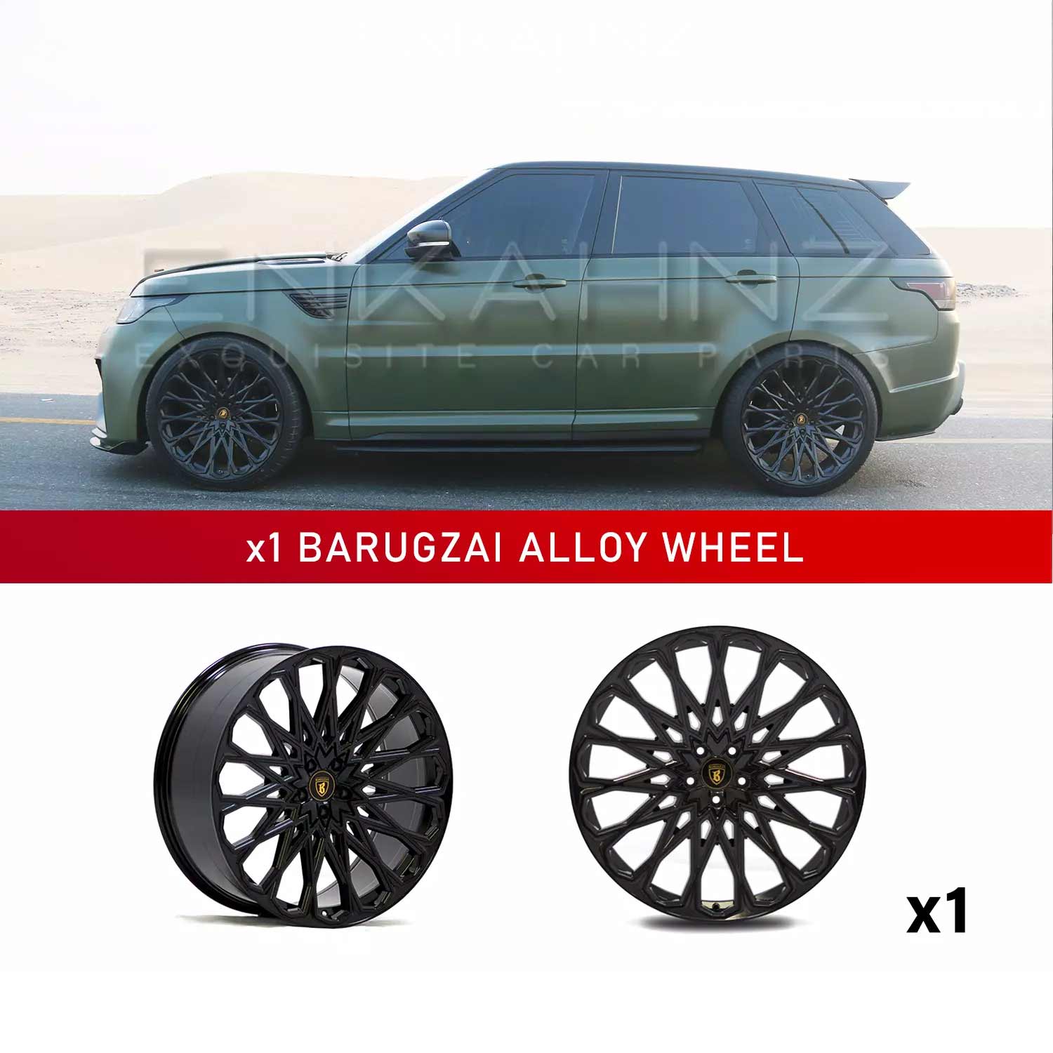 In context shot of a Military Green Range Rover Sport L494 with Barugzai Majestic 24" Single alloy wheel in Gloss Black, displayed on a white background
