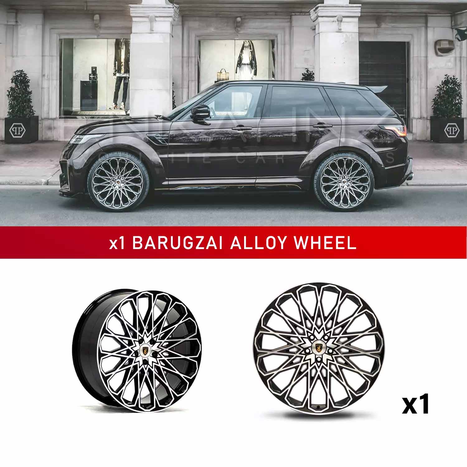 In context shot of a Brown Range Rover Sport L494 with Barugzai Majestic 24" Single alloy wheel in Gloss Black Polished Face, displayed on a white background