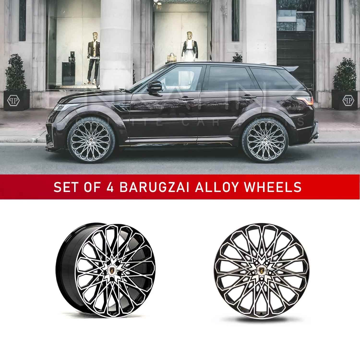In context shot of a Brown Range Rover Sport L494 with Barugzai Majestic 24" alloy wheels in Gloss Black Polished Face, displayed on a white background