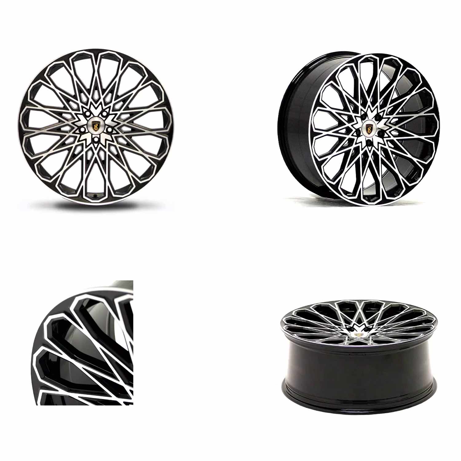 Four shot of Barugzai Majestic 24" finished in Gloss Black Polished Face, on a white background 