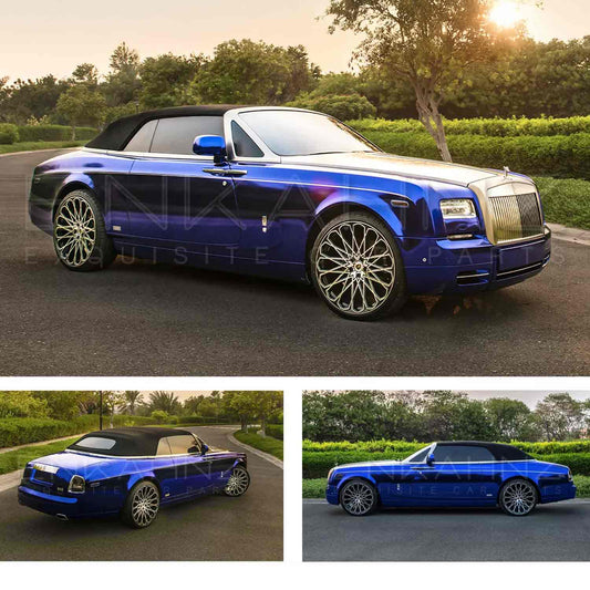 Blue Rolls Royce Dawn 2022, fitted with Barugzai Sport Aero II bodykit, shown from different angles with a green forest background. Fitted with Barugzai Sabre 22" alloy wheels in Gloss Black Polished Face