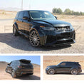 Load image into Gallery viewer, Black Range Rover Sport L494 2013-2017, fitted with Barugzai Cabaro bodykit, shown from different angles with a dusty desert background. Fitted with Barugzai Majestic 24" alloy wheels in Gloss Black Polished Face
