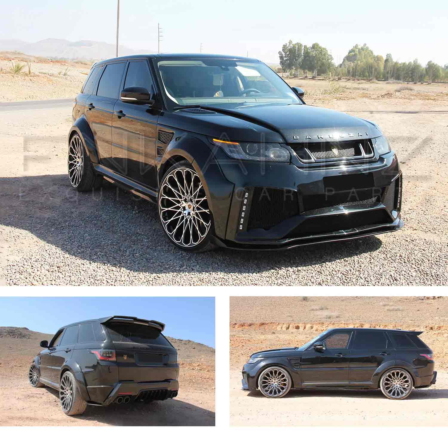 Black Range Rover Sport L494 2013-2017, fitted with Barugzai Cabaro bodykit, shown from different angles with a dusty desert background. Fitted with Barugzai Majestic 24" alloy wheels in Gloss Black Polished Face