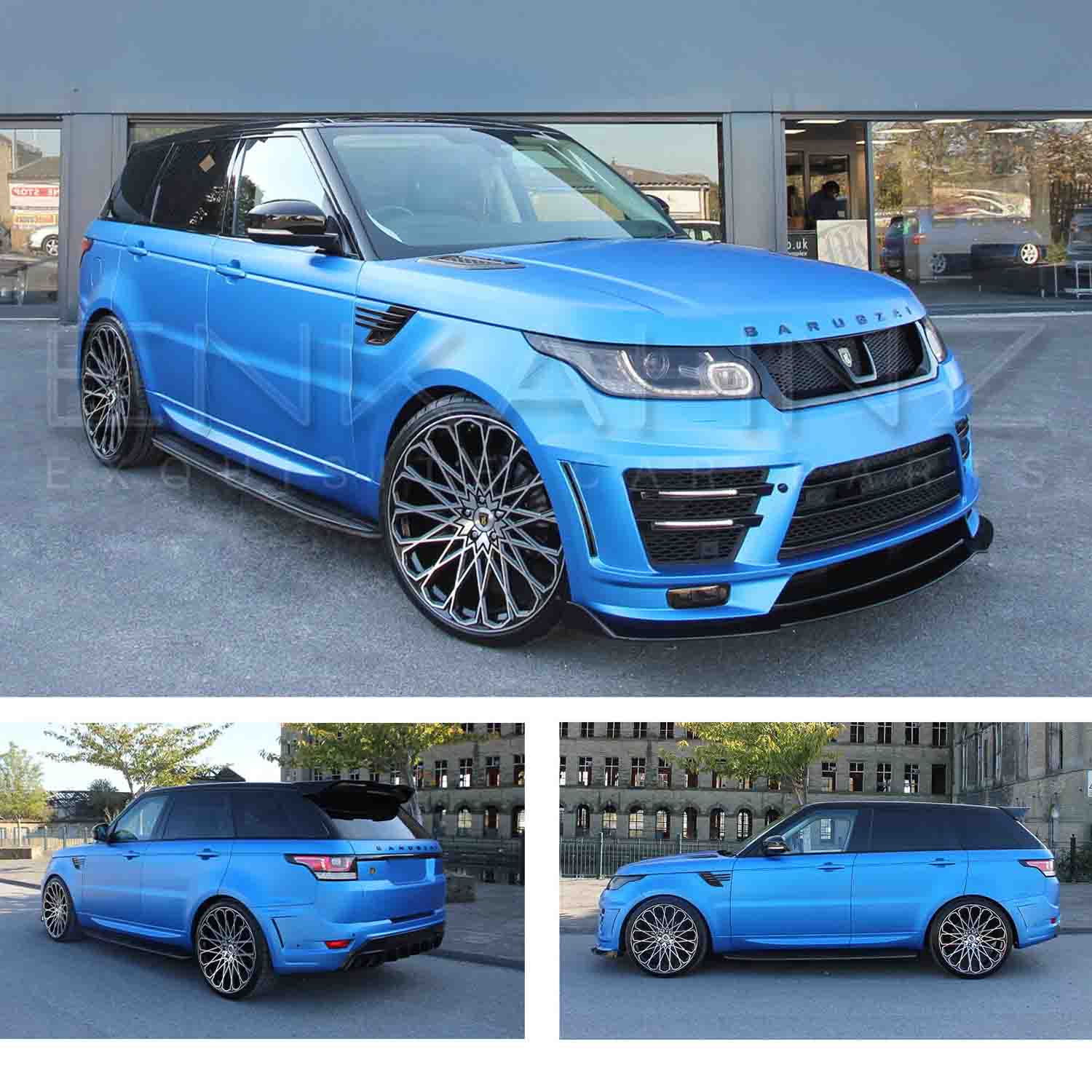 Blue Range Rover Sport L494 2013-2017, fitted with Barugzai Sport Aero bodykit, shown from different angles shot outside the Enkahnz HQ. Fitted with Barugzai Majestic 24" alloy wheels in Gloss Black Polished Face