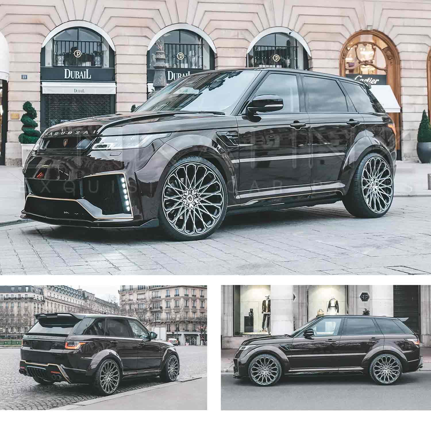 Brown Range Rover Sport L494 2013-2017, fitted with Barugzai Cabaro bodykit, shown from different angles shot inside a Parisian outdoor shopping centre. Fitted with Barugzai Majestic 24" alloy wheels in Gloss Black Polished Face