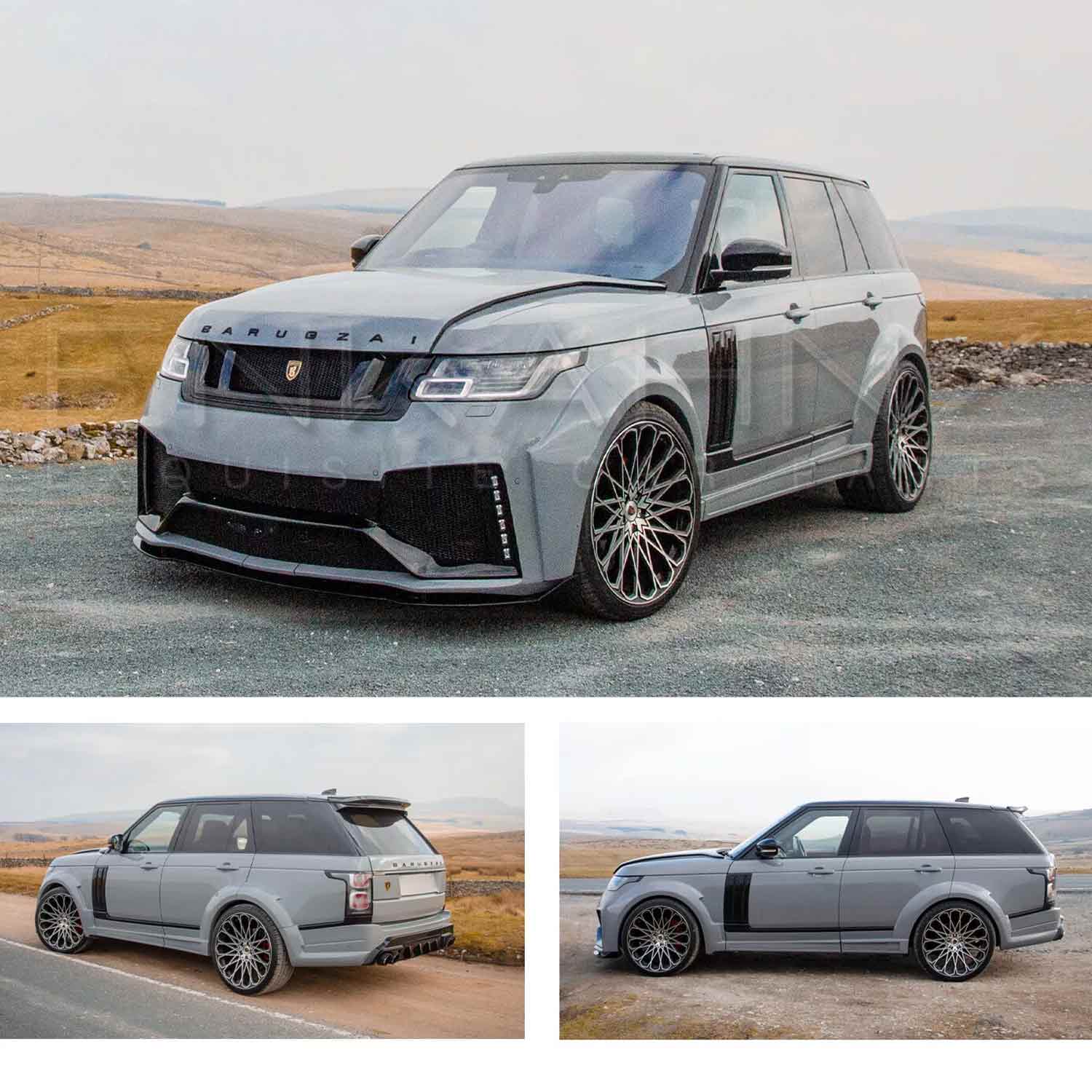 Nardo Grey Range Rover L405 2018-2021, fitted with Barugzai Bison bodykit, shown from different angles with a remote hilly background. Fitted with Barugzai Majestic 24" alloy wheels in Gloss Black Polished Face