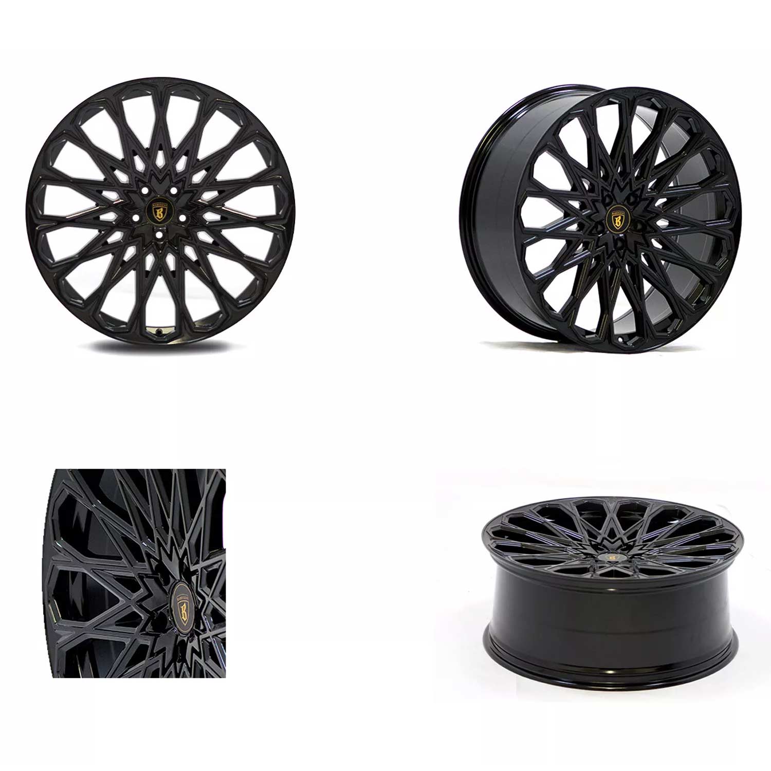 Four shot of Barugzai Majestic 24" finished in Gloss Black, on a white background 