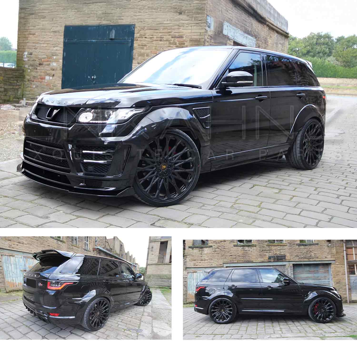 Black Range Rover Sport L494 2013-2017, fitted with Barugzai Sport Aero bodykit, shown from different angles shot outside an old mill. Fitted with Barugzai Majestic 24" alloy wheels in Gloss Black