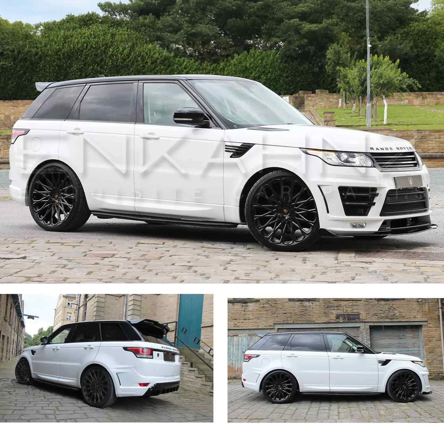 White Range Rover Sport L494 2013-2017, fitted with Barugzai Sport Aero bodykit, shown from different angles shot outside an old mill. Fitted with Barugzai Majestic 24" alloy wheels in Gloss Black