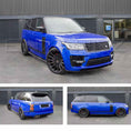 Load image into Gallery viewer, Blue Range Rover L405 2013-2017, fitted with SVO style bodykit, shown from different angles shot outside the Enkahnz HQ. Fitted with Barugzai Majestic 24" alloy wheels in Gloss Black

