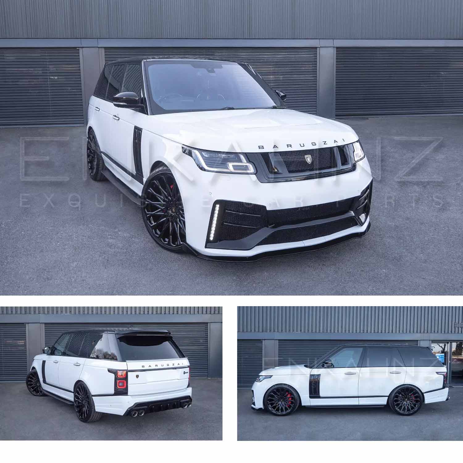 White Range Rover L405 2018-2021 fitted with Barugzai Bison bodykit, shown from different angles shot outside the Enkahnz HQ. Fitted with Barugzai Majestic 24" alloy wheels in Gloss Black