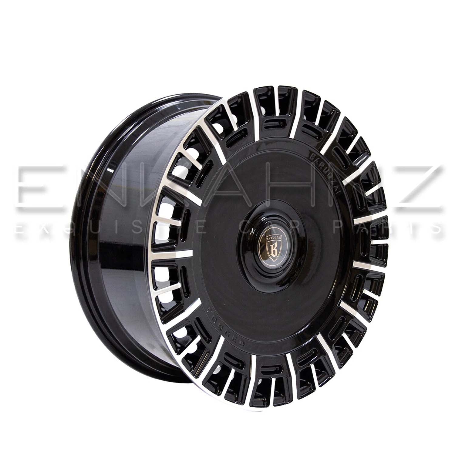 Angle shot of Barugzai Monoblok 22" alloy wheel, finished in Gloss Black Polished Face. Shot on a white background