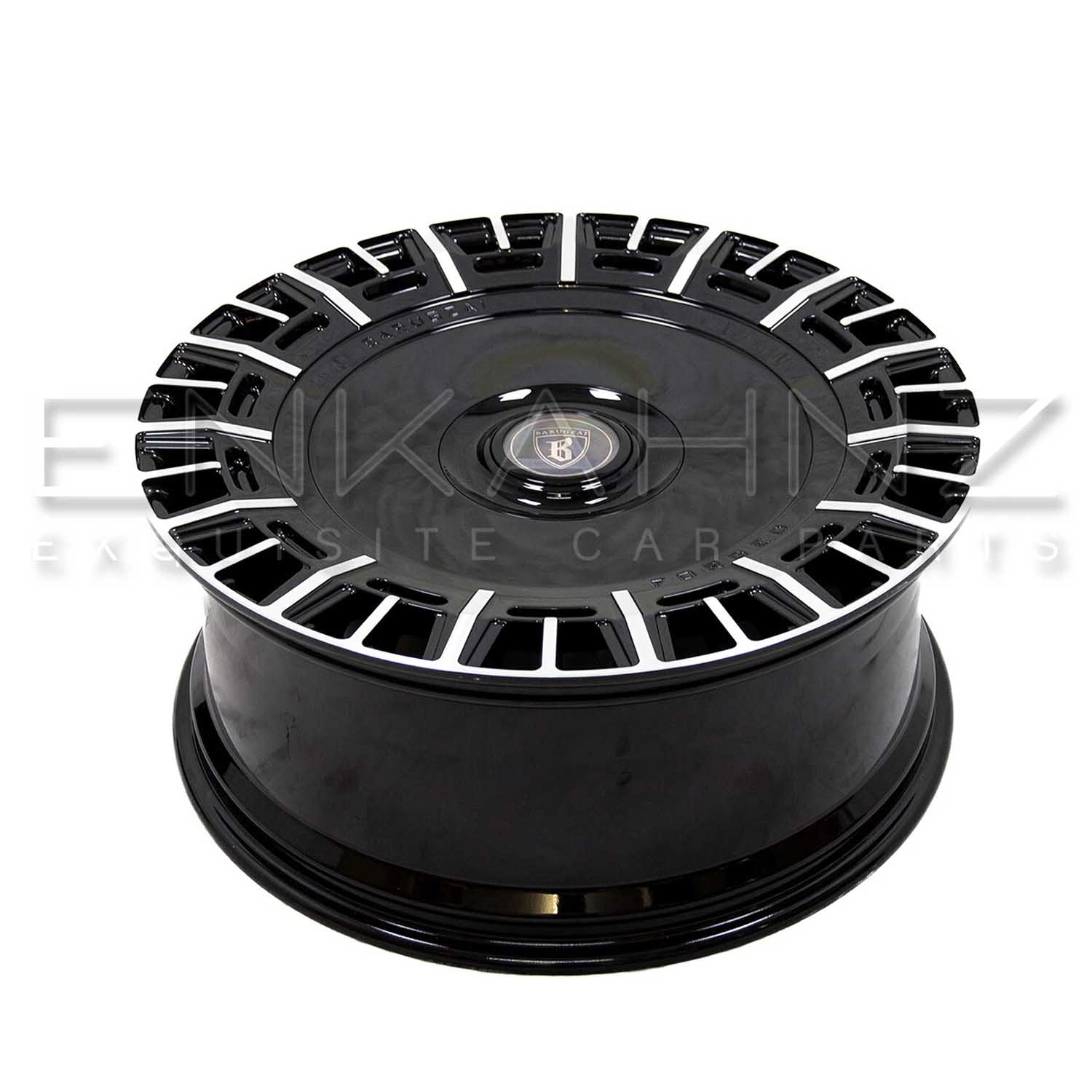Barrel up shot of Barugzai Monoblok 22" alloy wheel, finished in Gloss Black Polished Face. Shot on a white background