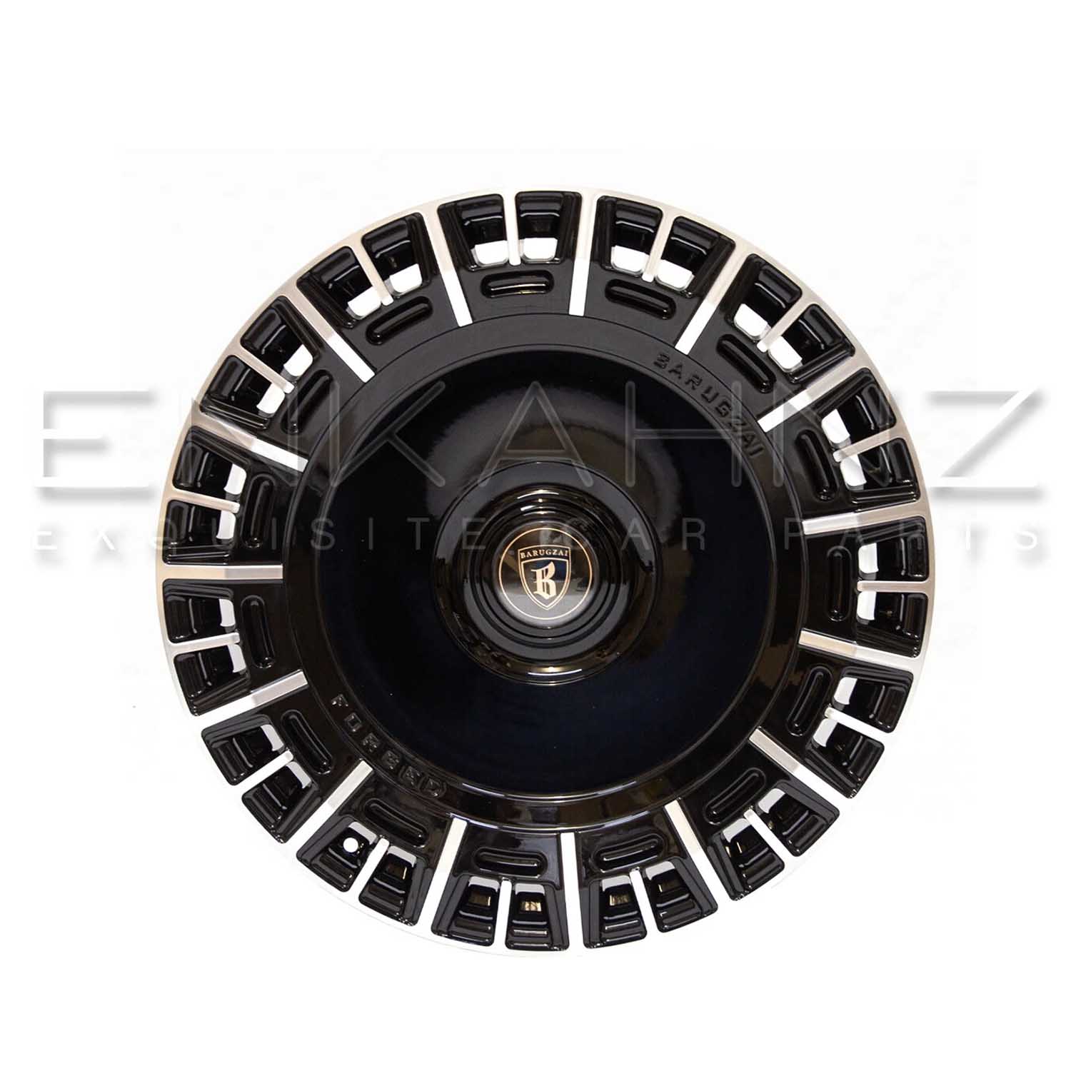 Face shot of Barugzai Monoblok 22" alloy wheel, finished in Gloss Black Polished Face. Shot on a white background