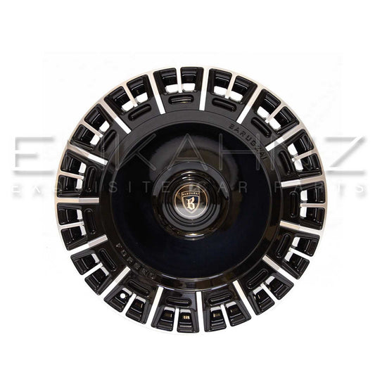 Face shot of Barugzai Monoblok 22" alloy wheel, finished in Gloss Black Polished Face. Shot on a white background