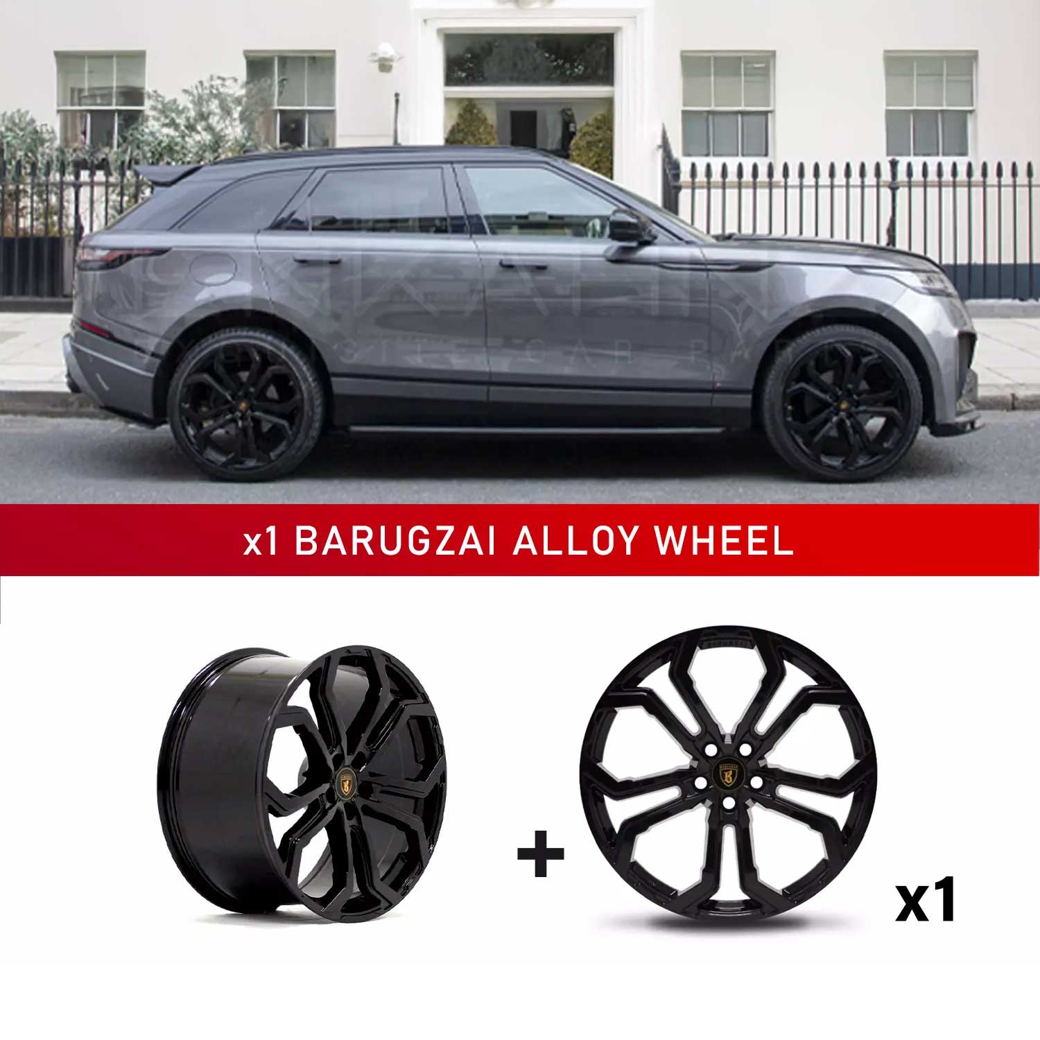 In context shot of a Grey Range Rover Velar L560 with Barugzai Opium 22" Single alloy wheel in Gloss Black, displayed on a white background
