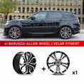 Load image into Gallery viewer, In context shot of a Black Range Rover Sport L494 with Barugzai Opium 22" Single alloy wheel in Gloss Black Polished Face, displayed on a white background
