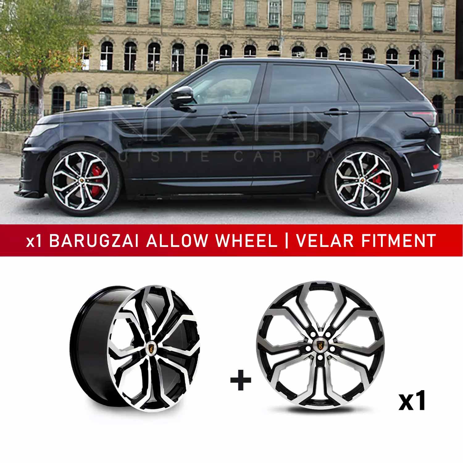 In context shot of a Black Range Rover Sport L494 with Barugzai Opium 22" Single alloy wheel in Gloss Black Polished Face, displayed on a white background
