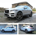 Load image into Gallery viewer, Silver Jaguar F-Pace 2016+, shown from different angles shot outside an old mill background. Fitted with Barugzai Opium 22" alloy wheels in Gloss Black Polished Face
