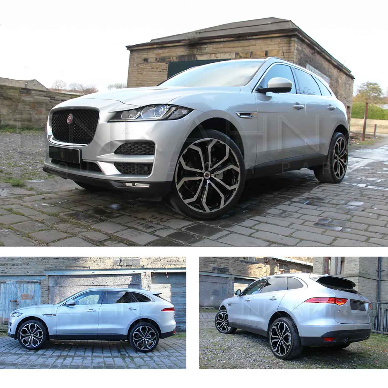 Silver Jaguar F-Pace 2016+, shown from different angles shot outside an old mill background. Fitted with Barugzai Opium 22" alloy wheels in Gloss Black Polished Face