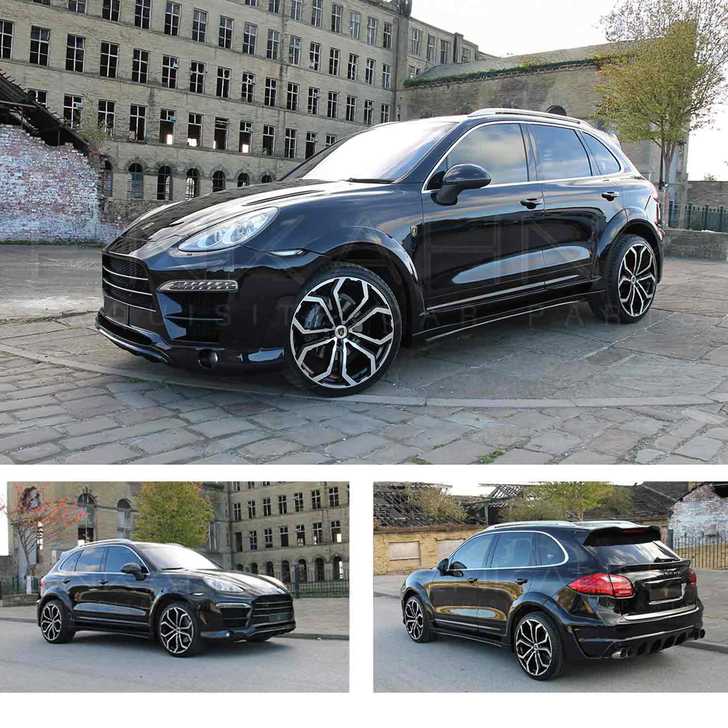 Black Porsche Cayenne, fitted with Barugzai Eleganza I bodykit, shown from different angles shot outside an old mill background. Fitted with Barugzai Opium 22" alloy wheels in Gloss Black Polished Face