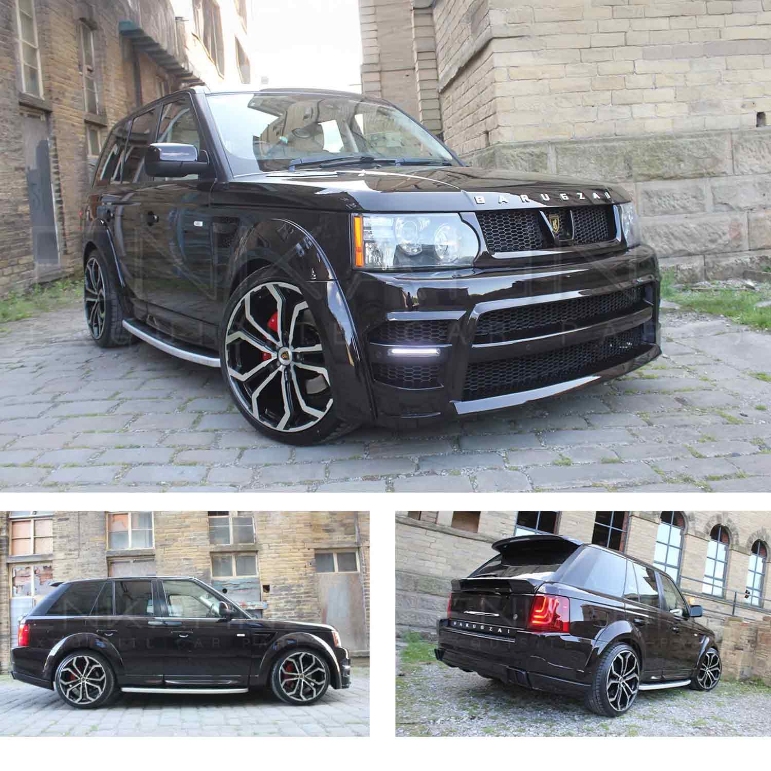 Maroon Range Rover Sport L320 2005-2012, fitted with Barugzai Classic Sport bodykit, shown from different angles shot outside an old mill background. Fitted with Barugzai Opium 22" alloy wheels in Gloss Black Polished Face