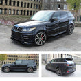 Load image into Gallery viewer, Black Range Rover Sport L494 2013-2017, fitted with Barugzai Sport Aero bodykit, shown from different angles shot outside an old mill background. Fitted with Barugzai Opium 22" alloy wheels in Gloss Black Polished Face
