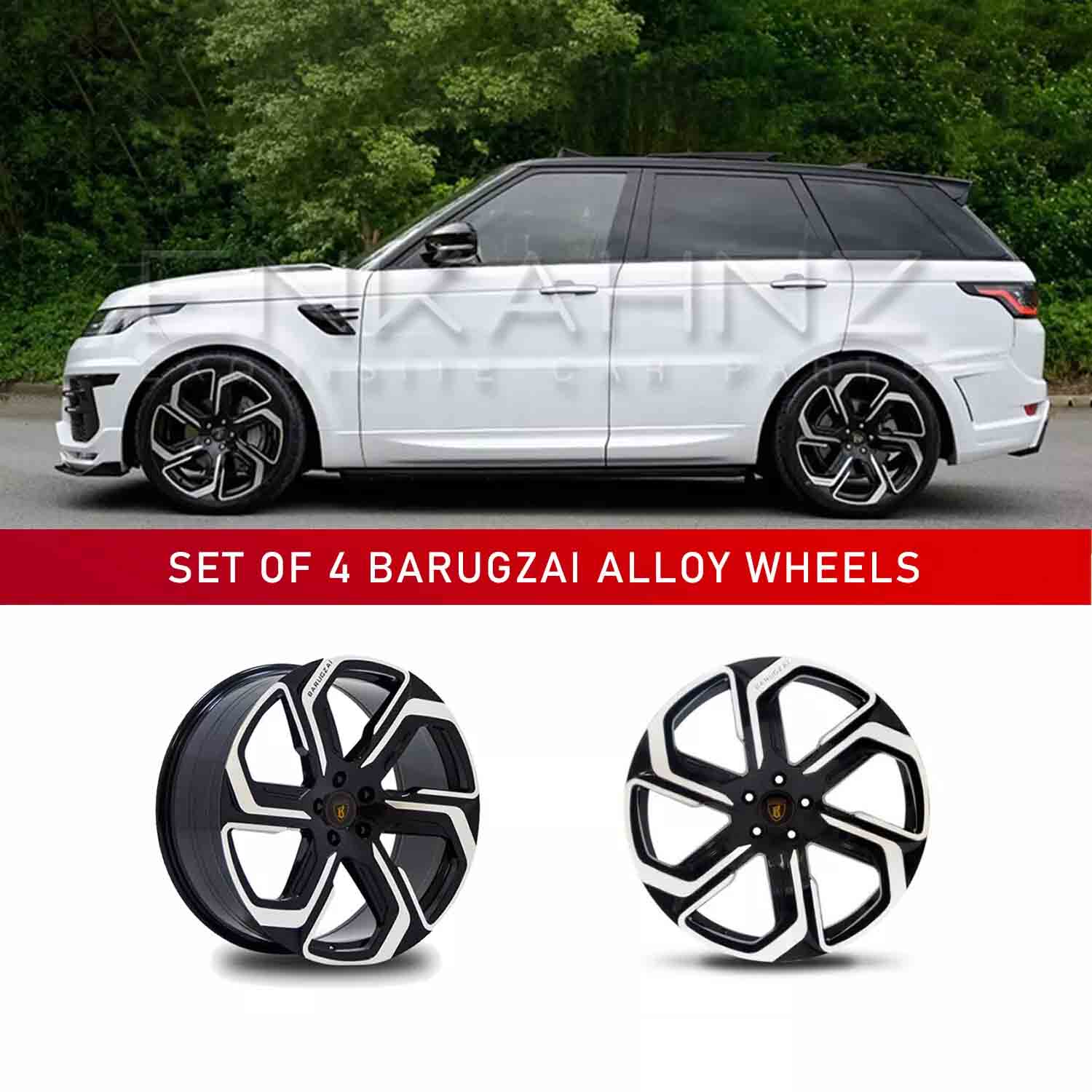 In context shot of a White Range Rover Sport L494 with Barugzai Sabre 22" alloy wheels in Gloss Black Polished Face, displayed on a white background