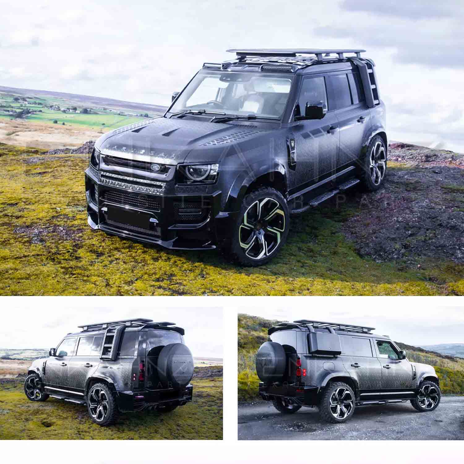 Land Rover Defender 110 L663, fitted with the Barugzai Falcon bodykit in a natural landscape with three different views shown. Fitted with Barugzai Sabre 22" alloy wheels in Gloss Black Polished Face