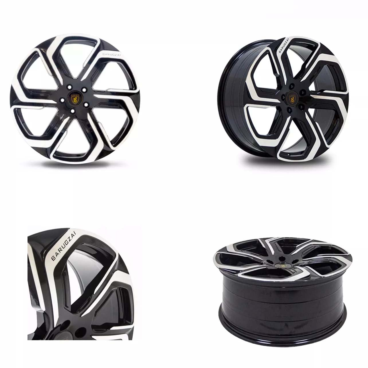 Four shot of Barugzai Sabre 22" finished in Gloss Black Polished Face, on a white background 