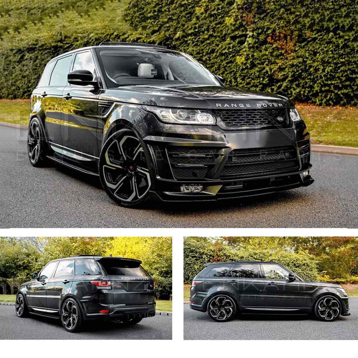 Black Range Rover Sport L494 2013-2017, fitted with Barugzai Sport Aero bodykit parked on a road with greenery in the background. Fitted with Barugzai Sabre 22" alloy wheels in Gloss Black Polished Face